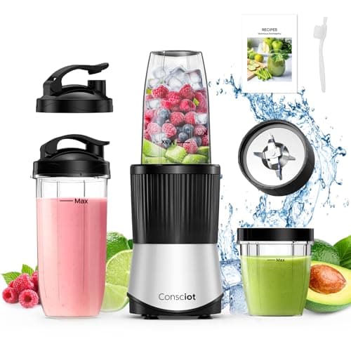 Consciot CB08 11-Piece Blender for Kitchen and Personal Size, Blend Shakes and Smoothies, Frozen Drinks, Baby Food, Spreads & More, 3 Portable To-Go Cups & 2 Spout Lids & 1 Solid Lid, 900 Peak Watts - Image 1