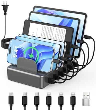 CREATIVE DESIGN 50W Charging Station for Multiple Devices,6 Port Multiple USB Charger Station with 6 Cables Compatible with iPhone,iPad Kindle Tablet and Other Electronic（Space Gray - Image 1