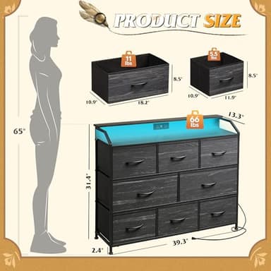 WLIVE Led Dresser for Bedroom, TV Stand for Bedroom with LED Lights and Power Outlet, Wide Chest of Drawers for Hallway, 8 Fabric Drawers for Living Room and Entryway, Charcoal Black Wood Grain Print - Image 4