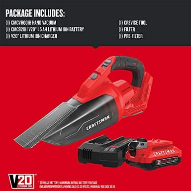 Craftsman V20 Cordless Hand Vacuum, 45 CFM, 2 Stage Filtration System with Filter, Battery and Charger Included (CMCVH001C1) - Image 2