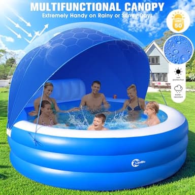 2025 Upgraded Inflatable Pool with Canopy, Inflatable Family Lounge Pool, Round Blow Up Pool for Adult with Bench & Backrest, Swim Center Easy Backyard Pools for Kids & Adults, 90"x90"x80", Blue - Image 2