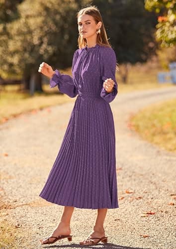 PRETTYGARDEN Women's 2025 Spring Fall Midi Dress Casual Long Sleeve V Neck Swiss Dot Pleated A Line Flowy Dresses (Dark Purple,Large) - Image 6