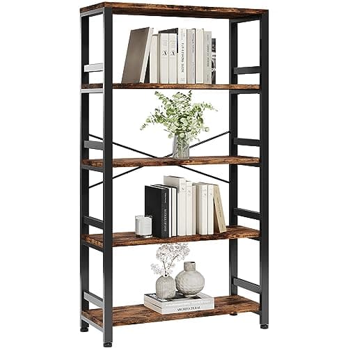 IRONCK Bookshelves and Bookcases, 31.5in Wide Shelf 5-Tier Ladder Shelf 110lbs/shelf Vintage Industrial Style Bookcase for Bedroom Living Room Home, Vintage Brown - Image 1