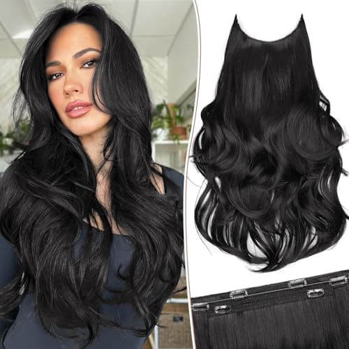 KooKaStyle Invisible Wire Hair Extensions Long Wavy Layered Synthetic Hair Extensions with Transparent Wire Adjustable Size 6 Secure Clips Black Hairpieces for Women 20 Inch - Image 1