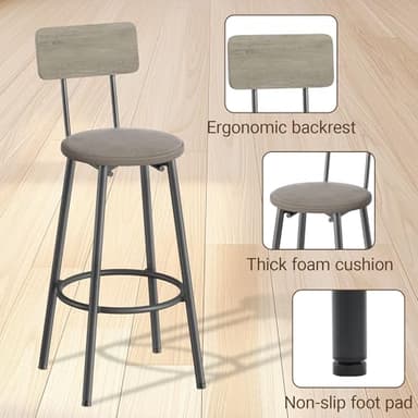 Elevon 63 in Long Bar Table Set with 3 PU Upholstered Bar Stools, Dining Table and Chair Sets, Industrial Tall Coffee Table and Back Chair for Kitchen, Living Room, Party Room, Small Space, Pub, Gray - Image 7