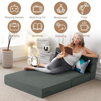 FILUXE Convertible Folding Sofa Bed-Sleeper Chair with Color Pillow, Modern Linen Fabric Floor Futon Couch, Foldable Mattress for Living Room/Dorm/Guest Use/Home Office/Apartment, Standard - Image 4