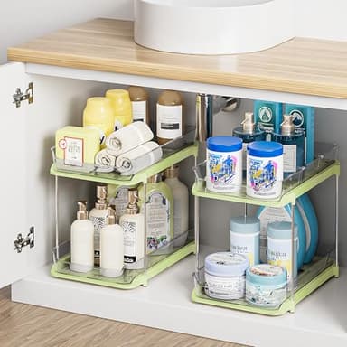 Delamu 2 Sets of 2-Tier Multi-Purpose Bathroom Under Sink Organizers and Storage, Stackable Kitchen Pantry Organization, Pull Out Medicine Cabinet Organizer with 8 Movable Dividers, Green - Image 1