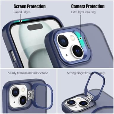 Nvollnoe for iPhone 15 Case Compatible with MagSafe,Military Grade Shockproof Heavy Duty Protective Adjustable Kickstand Matte Semi Clear Phone Case for iPhone 15(Blue) - Image 3