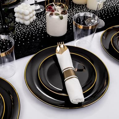 KIRE 350 PCS Plastic Dinnerware Set for 50 Guests - Black and Gold Plates 50 for Dinner 50 for Dessert & 50 Pre Rolled Napkins with Disposable Silverware 50 Cups for Halloween Party/Banquet/Wedding - Image 4