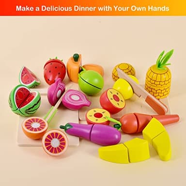 FUN LITTLE TOYS 35PCS Wooden Play Food for Kids Kitchen, Pretend Cutting Food Toys with Wooden Tray, Dishes and Knife for Kids, Pretend Play Food for Christmas Birthday Gifts - Image 2