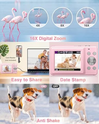 Digital Camera, FHD 1080P Point and Shoot Kids Camera, with 32GB Card, 2 Batteries, 16X Zoom Anti Shake Date Stamp, Compact Portable Small, for Starter Kid Children Teen Student Girl Boy(Pink) - Image 5