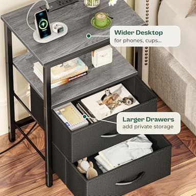 Huuger Night Stand with Charger Station and LED Lights, 2 Drawer Nightstand, Bed Side Table with Open Shelf, End Table, Fabric Dresser for Bedroom, Grey - Image 7
