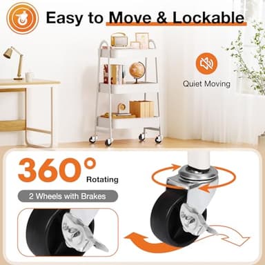 Sweetcrispy 3 Tier Metal Storage Utility Cart with Wheels, Kitchen Organizer Trolley Rolling Bathroom Laundry Room Bar Office Shelves Mobile Shelving Unit Caster for Snack Bedside Narrow Places, White - Image 3