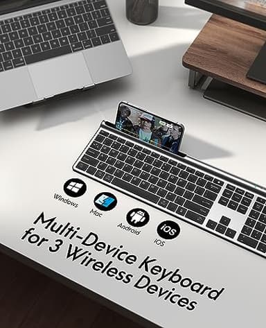 CHESONA Wireless Keyboard and Mouse Combo, Wireless Rechargeable Full Size Mulit-Device (BT 5.0+3.0+2.4G) Keyboard Mouse Combo for Mac OS/iOS/Windows/Android (Silver Black) - Image 2
