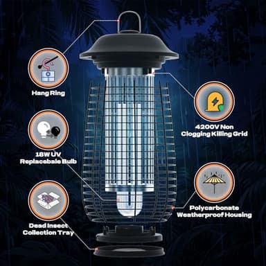 Bug Zapper Indoor & Outdoor, 4200V Electric Mosquito Zapper, 10 Years Lifespan, 6.5ft Power Cord, Waterproof, Fly Trap Mosquito Trap, Fly Killer Fly Zapper for Home, Patio, Kitchen, Backyard, Camping - Image 5