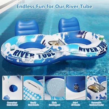 JOSEN Inflatable River Tube Float - 2 Person Heavy Duty River Float, Pool Floats Adult, Lake River Floats Water Tubes for Floating with Removable Cooler & Cupholders for Summer Relaxation - Image 2