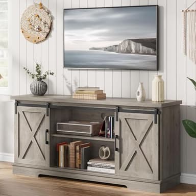 IDEALHOUSE Farmhouse Tv Stand for 65 Inch TVs, Entertainment Center with Sliding Barn Doors and Adjustable Shelf, Modern Storage Media TV Console TV Stand Table for Living Room, Bedroom, Grey - Image 8