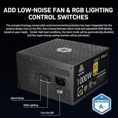 Auotac 1000W Fully Modular Power Supply 80+ Gold Certified with 12V-2x6 Cable – ATX 3.1 & PCIe 5.1 Compliant, 140mm RGB Low-Noise Smart Fan, 105℃-Rated Capacitors, Black - Image 6