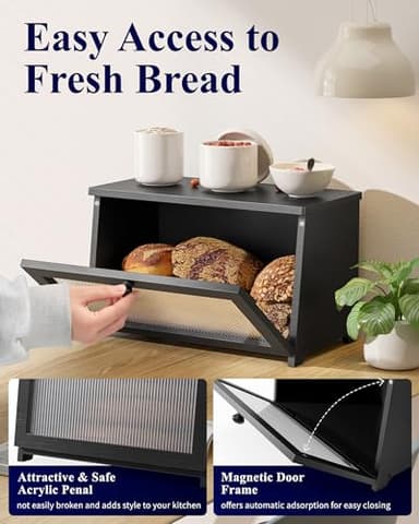 Kitsure Bread Box - Wooden Bread Box for Kitchen Countertop, Large Capacity Kitchen Countertop Organizer, Stylish Bread Storage with Window, Multi-functional Container, Black, 15.0"x8.3"x9.1" (1T) - Image 5