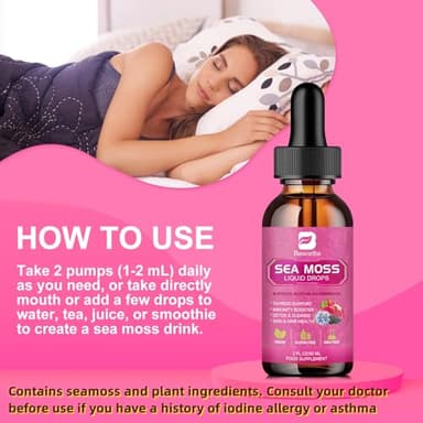 B BEWORTHS Sea Moss Liquid Drops - Organic Black Seed Oil Irish Sea Moss Gel with Burdock Root, Bladderwrack, Elderberry, Vitamin C, D3, 6X Stronger Seamoss Gel for Digestive, Hair Health - Vegan - Image 7