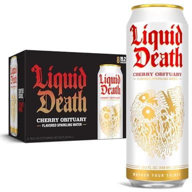 Liquid Death, Cherry Obituary, Cherry-Flavored Sparkling Water, 8-Pack (19.2oz Cans), Low Calorie & No Artificial Sweeteners - Image 1