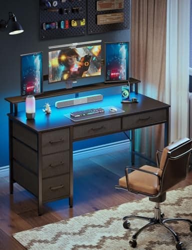 Seventable Computer Desk with Power Outlets & LED Light, 39 inch Home Office Desk with 5 Drawers, Writing Desk with Monitor Stand,Work Desk for Home Office, Black - Image 2