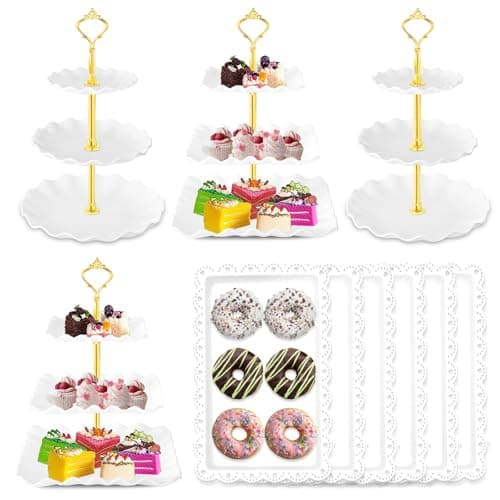 Hoedia 10 Pcs Cake Stand, Plastic Dessert Table Display Set, 4 Pcs 3 Tier Cupcake Stand Tower Holder and 6 Pcs Serving Tray for Tea Party Baby Shower Decorations - Image 1