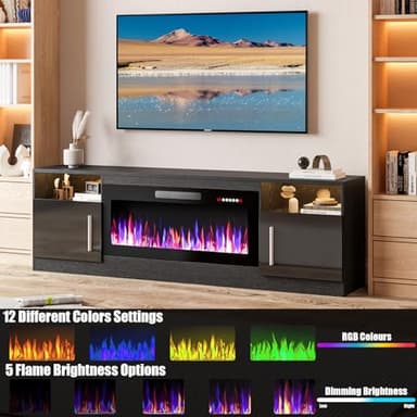 VITESSE Fireplace with TV Stand 36" inch Electric Fireplace Up to 80" TVs, LED Light Entertainment Center, 70" Modern Wood High Gloss with Highlight Storage Cabinet for Living Room (Black) - Image 5