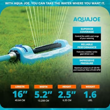 Aqua Joe SJI-OMS16 Indestructible Oscillating Sprinkler with Adjustable Spray and Metal Base, 3600 Sq. Ft. Coverage Max, 70-Foot Spray Distance Max, and 37.8-Foot Spray Width Max - Image 6
