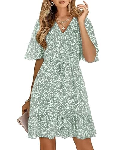 KIRUNDO Women's Summer Dresses 2025 Casual Short Sleeve V Neck Ruffle Floral Print High Waist Flowy Mini Dress with Belt(Large, Green)