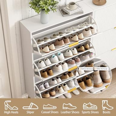 NOVAMAISON Slim Shoe Cabinet with 3 Flip Drawers, Fluted Shoe Cabinet Storage for Entryway, Narrow Shoe Storage Cabinet, Modern Freestanding Shoe Rack Organizer for Entryway, White - Image 4