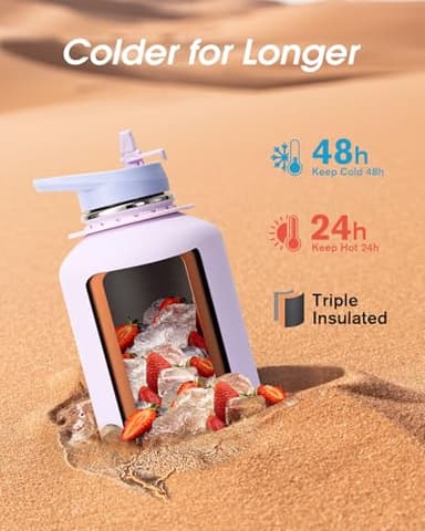 Coolflask Half Gallon Water Bottle with Strap, 64oz Insulated Water Jug Stainless Steel with Straw & Spout Lids, Metal Large Water Flask, Keep Cold 48h Hot 24h, Leak Proof & Non-BPA, Lavender - Image 2