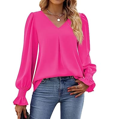 Funlingo Women Tops Dressy Causal Fashion Long Sleeve Chiffon Tunics Spring Loose Fit Work Blouse V Neck Office Shirt Clothing Rose Red XX-Large - Image 7