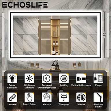EchosLife 72x36 Bathroom Mirror With Lights - Black Aluminum Framed (Front and Backlit), Anti-Fog LED Lighted Bathroom Mirror,Stepless Dimmable Vanity Mirror,3 Colors Smart Mirror(Horizontal/Vertical) - Image 3