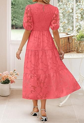 ZESICA Women's 2025 Summer Short Puff Sleeve Crewneck Smocked Floral Lace Flowy A Line Tiered Maxi Dresses,Watermelon,Large - Image 4