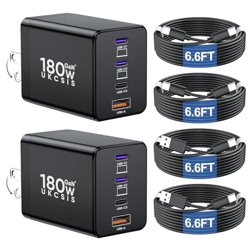 2 Pack 180W USB C Charger Block, Foldable 4-Port GaN Fast Wall Charger, Dual 65W Type C Charging Block, Laptop Fast Charging Adapter for MacBook Pro/Air, iPad, iPhone, Samsung Galaxy Black - Image 1