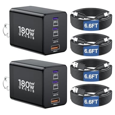 2 Pack 180W USB C Charger Block, Foldable 4-Port GaN Fast Wall Charger, Dual 65W Type C Charging Block, Laptop Fast Charging Adapter for MacBook Pro/Air, iPad, iPhone, Samsung Galaxy Black - Image 1