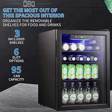 Antarctic Star Mini Fridge-95 Can Beverage Refrigerator Wine Cooler Clear Front Glass Door Small Drink Touch Screen for Soda Beer Bar Office Home 2.6 cu.ft - Image 2