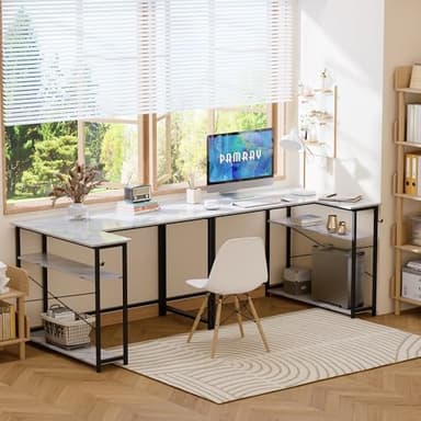 Pamray 43 Inch L Shaped Computer Desk with Reversible Side Storage Shelves, Small Corner Desk for Small Space Home Office,Writing Study Table PC Desk for Bedroom,White Marble - Image 2