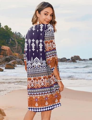 Zeagoo Women's Half Sleeve Floral Print Retro V Neck Tassel Bohemian Midi Shift Dress Holiday Beach Dresses Tunic Sun Dress Navy XL - Image 6