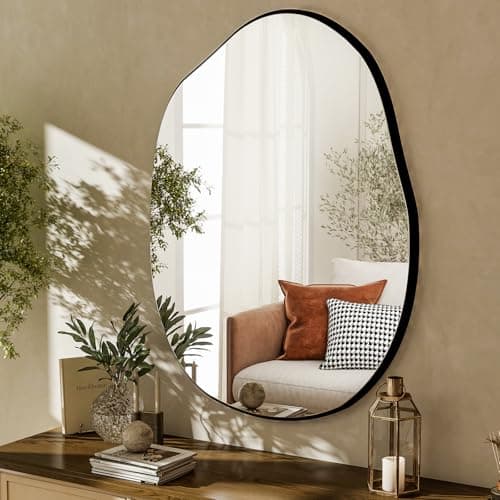 HARRITPURE Irregular Wall Mirror 22"x32" Black Asymmetrical Bathroom Mirror Wood Framed Modern Decorative Vanity Mirrors for Bedroom Living Room Entryway - Image 1