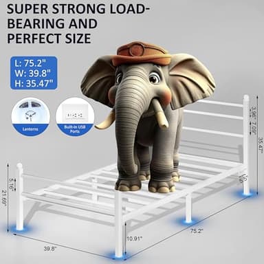 J.Fkne Twin Bed Frame with LED Lights & Charging Station, Metal Platform Bed with Headboard, Heavy Duty Metal Slats, No Box Spring Needed, Noise Free, Easy Assembly, White - Image 2