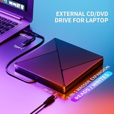 DVD Player for Laptop, External CD Drive for Mac, USB 3.0 USB C Portable CD Burner External Disk Drive, DVD Reader Writer ROM Drive Compatible with Laptop Desktop Mac,Windows 10/8/7 Linux - Image 2