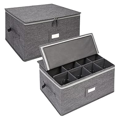 Stemware Storage Containers (2 pack), Wine Glass Storage Box with Dividers for Glassware or Crystal, Holds 12 Red or White Wine Glasses, Hard Top and Stackable (Grey) - Image 1
