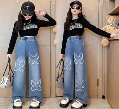 NABER Kids Girls Lovely Butterfly Wide Leg Jeans Washed Denim Pants Baggy Jeans Age 5-14(Blue14,13-14 Years) - Image 7