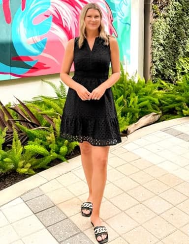 ZESICA Women's Summer Sleeveless Mini Dress V Neck Hollow Out Eyelet High Waist A Line Swing Short Party Dresses,Black,Medium - Image 5