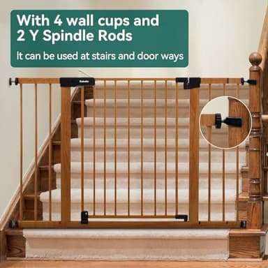 BABELIO 29-48" Metal Baby Gate with Brown Wood Pattern, Auto Close Dog Gate for The House, Stairs and Doorways, Pressure Mounted Pet Gate with Door, Safety Gate for Child and Pets - Image 5