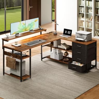 AODK 53" L Shaped Desk with Drawer, Computer Desk with Power Outlets & LED Lights, Reversible Corner Gaming Desk for Home Office Workstation, Office Desk with Monitor Shelf, Vintage - Image 2
