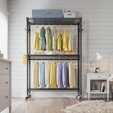 VIPEK R2 Plus Heavy Duty Rolling Garment Rack 3 Tiers Adjustable Wire Shelving Clothes Rack with Double Rods and Side Hooks, Freestanding Wardrobe Storage Rack Metal Clothing Rack, Black - Image 9