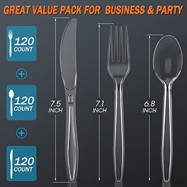 360 Count Plastic Silver Ware Heavy Duty, 120 Forks, 120 Spoons, 120 Knives, Heat Resistant & BPA Free Disposable SilverWare, Disposable Cutlery set, Premium Clear Utencils for Party Supply - Image 2